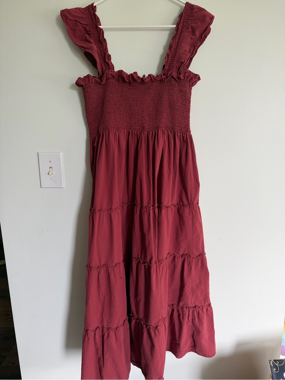 Cottagecore Ruffled Smocked Tiered Maxi Dress - Burgundy Natural Fibers